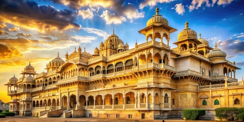Fototapeta premium - Golden Majesty: Majestic palace with intricate Indian architectural details, warm golden hues, and a sense of grandeur.