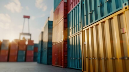 Fototapeta premium Colorful shipping containers are stacked strategically under a vibrant sky, showcasing industrial logistics and transportation.
