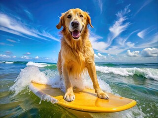 Golden Retriever Surfin' Surfside: Golden retriever surfer-dog mix with a playful and energetic spirit, exuding a cheerful and vibrant mood.