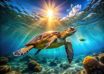 Obraz premium Golden Sea Turtle Sojourn: Serene, sunlit underwater journey with majestic sea turtles and shimmering golden reflections.
