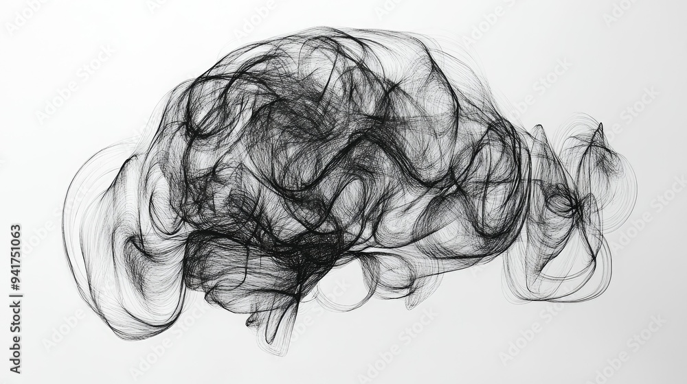 Poster interwoven lines forming an abstract brain design, symbolizing the intricacies of thought and cognit