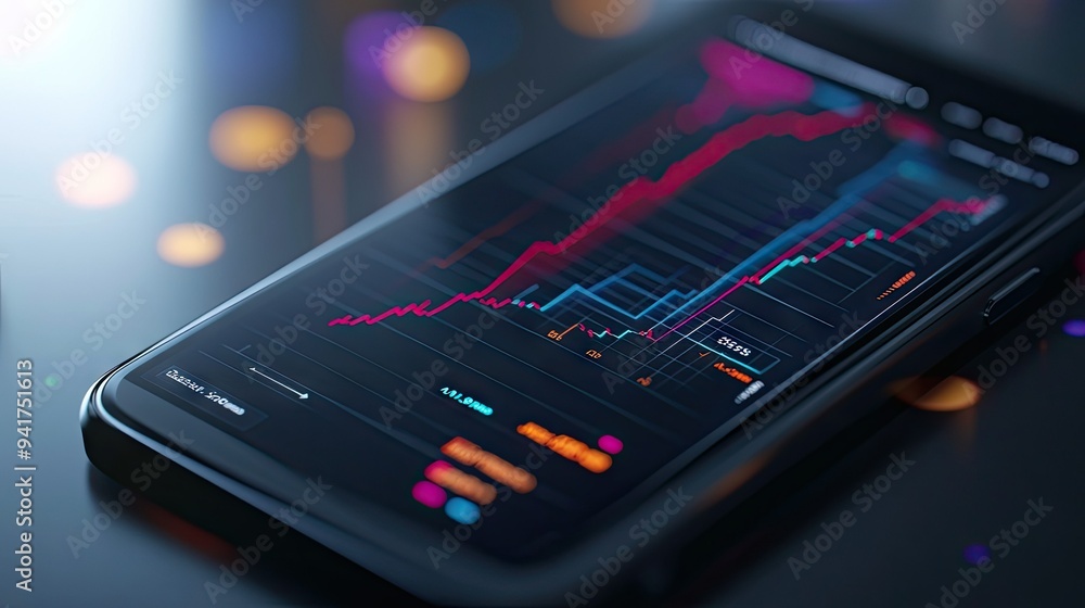 Poster a detailed view of a business graph on a smartphone screen, showcasing market fluctuations and finan