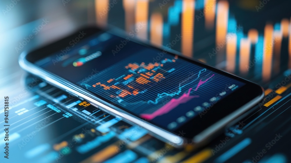 Poster a detailed view of a business graph on a smartphone screen, showcasing market fluctuations and finan