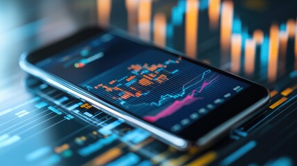 Obraz premium A detailed view of a business graph on a smartphone screen, showcasing market fluctuations and financial data in a compact format.