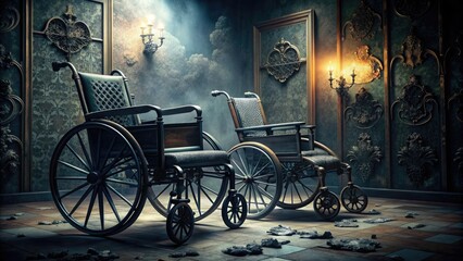 Fototapeta na wymiar Gothic Reverie: Dark, atmospheric, Victorian-era wheelchairs, intricate lacework, somber hues
