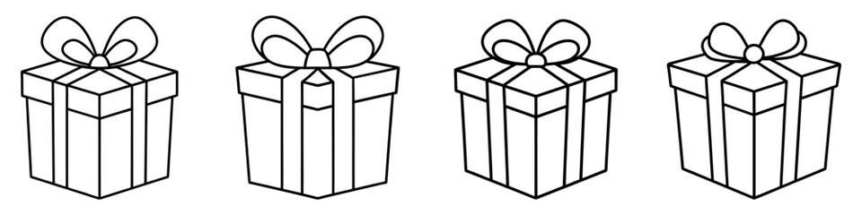 Gift box icon. Set of drawn gift boxes with bow. Linear gift box icon. Vector illustration