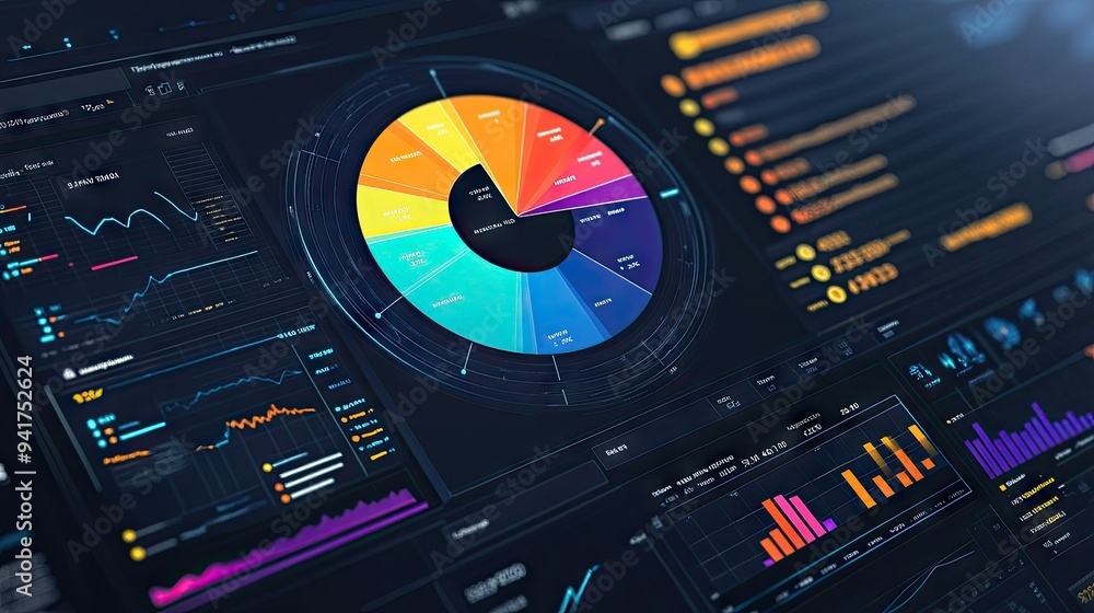 Poster a detailed view of a pie chart with interactive segments on a digital dashboard, showcasing real-tim
