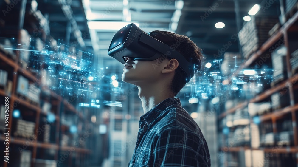 Poster person exploring virtual reality in a modern warehouse, interacting with digital elements in a high-