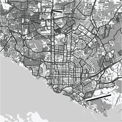 Map of Manaus in Brazil in grayscale. Contains layered vector with roads water, parks, etc.