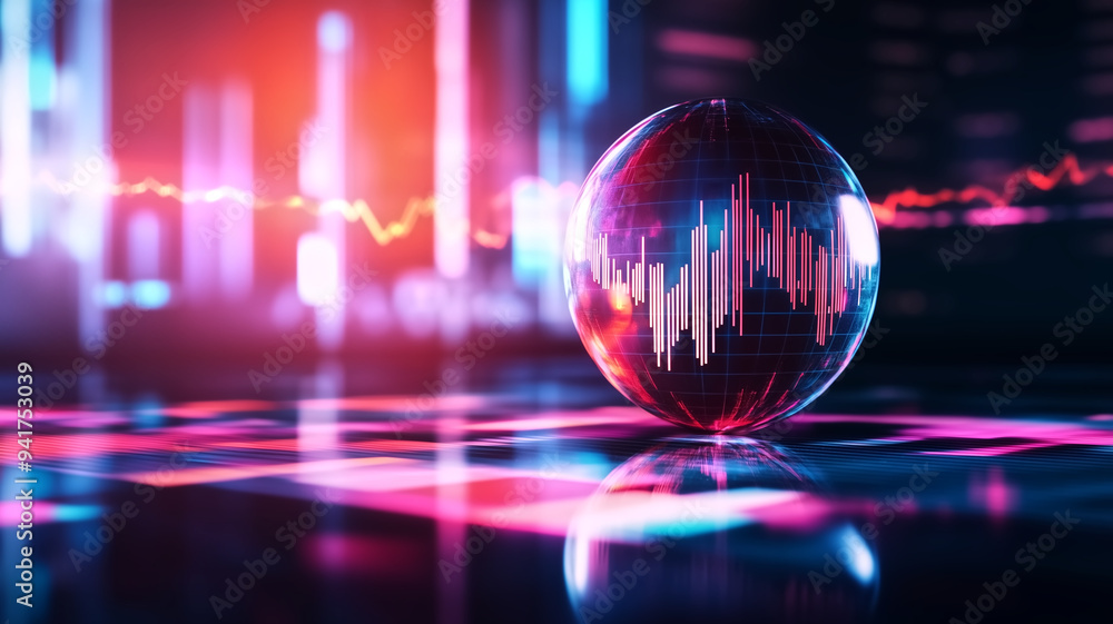 Aufkleber futuristic digital globe with financial data and graphs on a vibrant neon background