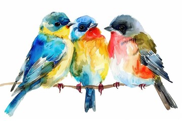 Naklejka premium Three vibrant birds sit together on a branch, surrounded by lush foliage