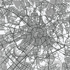 Map of Moscow in Russia in grayscale. Contains layered vector with roads water, parks, etc.