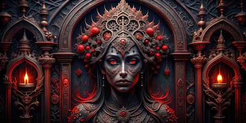 Obraz premium Gothic Sarma Saga: Dark, atmospheric, textured, deep reds and blacks, intricate carvings