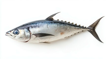 Freshly caught tuna displayed on a clean surface with glistening scales and fins