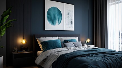 A contemporary bedroom with a dark charcoal feature wall, complemented by teal accents in the bedding and artwork above the bed