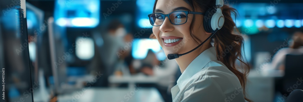 Poster in a contemporary call center, a female customer service representative is skillfully assisting clie