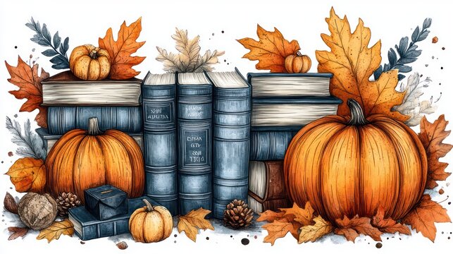 Autumn leaves and old books on bookshelf in library, fall background