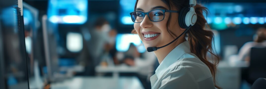 In a contemporary call center, a female customer service representative is skillfully assisting clients while colleagues work in the background, demonstrating high professionalism and teamwork