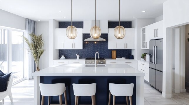 A contemporary kitchen with white cabinetry and countertops, accented by a bold navy blue backsplash and matching bar stools