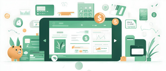 A flat vector illustration of a budgeting app interface, with icons representing income, expenses, and savings goals, piggy banks and credit cards, cool-toned color scheme with pops of green and white