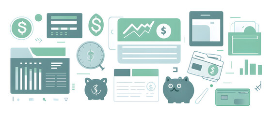 Fototapeta premium A flat vector illustration of a budgeting app interface, with icons representing income, expenses, and savings goals, piggy banks and credit cards, cool-toned color scheme with pops of green and white