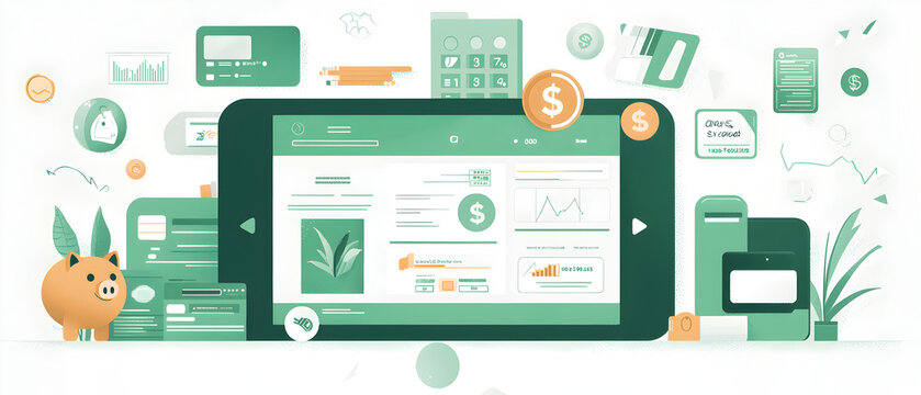 A flat vector illustration of a budgeting app interface, with icons representing income, expenses, and savings goals, piggy banks and credit cards, cool-toned color scheme with pops of green and white