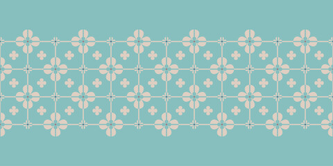 Abstract seamless geometric floral pattern Border with four leaf clovers on light blue tiled texture. Vector illustration for home decor, wrapping paper, postcard  backgrounds and wallpaper.