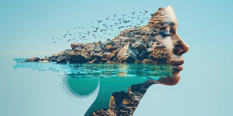 Double multiple exposure digitally generated photography. Portrait side profile view face of woman combined with a rocky coast, turquoise green bright sea waters and flock of flying birds background