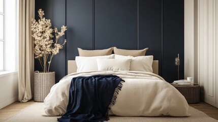 A modern bedroom with a soft beige color palette, highlighted by a deep navy blue feature wall and matching throw blanket
