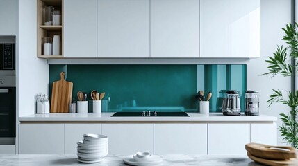 Fototapeta premium A modern kitchen with a clean white design, featuring bold teal accent tiles on the backsplash and matching kitchen accessories