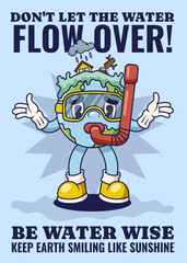 Flood Poster with Earth Retro Mascot Illustration Color Version