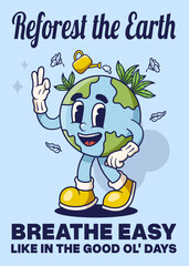 Reforest Poster with Earth Retro Mascot Illustration Color Version