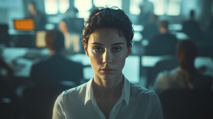 Obraz premium A person feeling isolated and alone in a busy office environment, struggling to connect with colleagues.