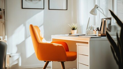 A stylish office space with clean white walls and furniture, featuring a vibrant orange accent chair and desk lamp to add energy