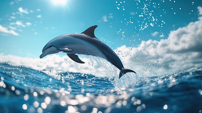A dolphin performing a backflip in the air, with water droplets frozen in mid-air and a vibrant blue sky in the background.