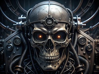 A menacing black skull with gleaming silver pistons embedded in its eye sockets, surrounded by dark mechanical components and eerie, industrial backlighting.
