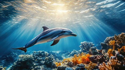 Fototapeta premium A dolphin swimming near a coral reef, with the sun's rays filtering through the clear water, creating a magical underwater scene.