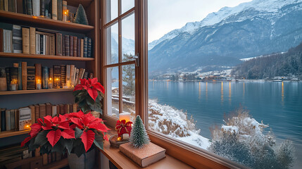 Christmas bookshelf background of interior home library study virtual room window view of mountains lake. Snowy winter. poinsettia holiday flowers. Online webinar presentation teams meeting backdrop