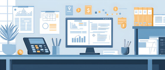 A flat vector illustration of a financial advisor’s office, with documents, calculators, and investment plans clean and professional design with a blue and gray color palette