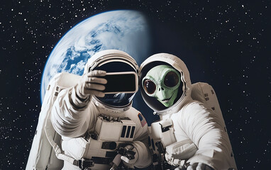 astronaut in suit and alien taking a selfie floating in space with earth on the background, AI generated