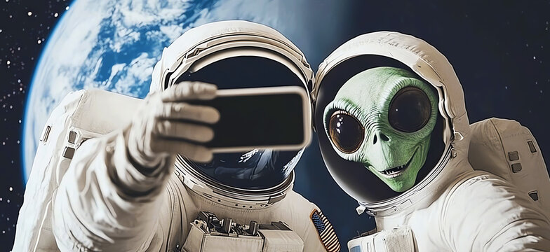astronaut in suit and alien taking a selfie floating in space with earth on the background, AI generated
