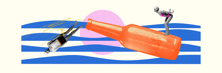 Banner. Contemporary art collage. swimmer gracefully dives off vibrant orange bottle, and dives to sea waves, while another preparing to swim. Concept of celebration, holidays, drinks, Friday mood. Ad