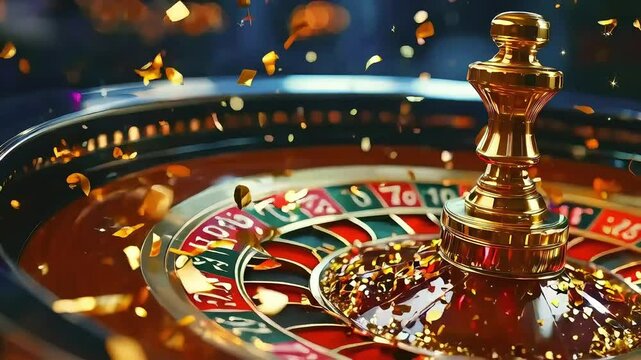 Close-up of a gold roulette wheel with confetti falling.