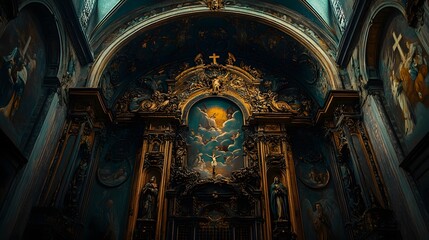 A Renaissance religious painting adorns a church wall, crafted with delicate techniques. Exquisite details and perfect lighting evoke profound holiness. Ideal for art and religious project refinement.