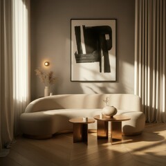 Minimalist living room, curved beige sofa, metallic coffee tables, abstract monochrome artwork on wall, warm wood flooring, sheer white curtains, natural lighting, modern decor accents