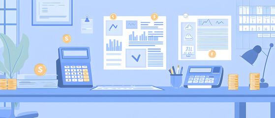 A flat vector illustration of a financial advisor’s office, with documents, calculators, and investment plans clean and professional design with a blue and gray color palette