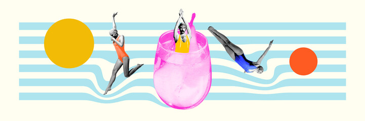 Banner. Contemporary art collage. Swimmers dive into bright pink glass, surrounded by playful sun and wave motifs. Concept of celebration, holidays, alcohol drinks, Friday mood. Ad