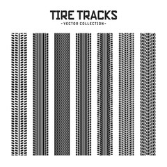 Tire tracks, wheel braking marks. Truck, car or motorcycle tread pattern silhouettes. Auto race, motorsport, speed racing design element. Vector illustration
