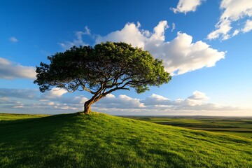 A sad willow tree on a quiet countryside hill, with the setting sun casting long shadows across the landscape