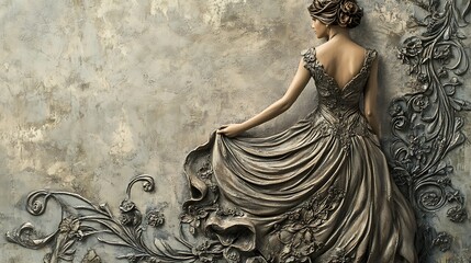 Naklejka premium Bronze Sculpture of a Woman in a Flowing Gown